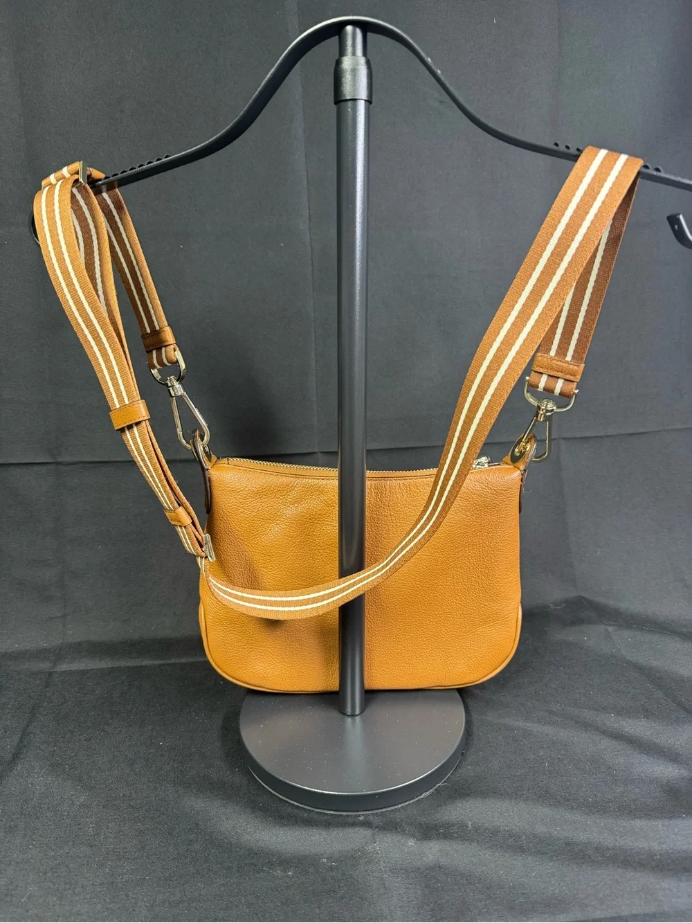 Kate Spade New York Tan Leather Crossbody Bag with Striped Strap